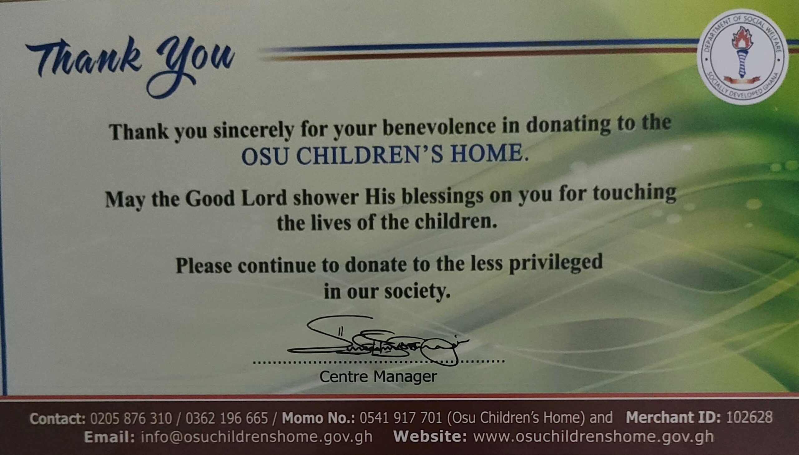 Thank You Card from Orphanage